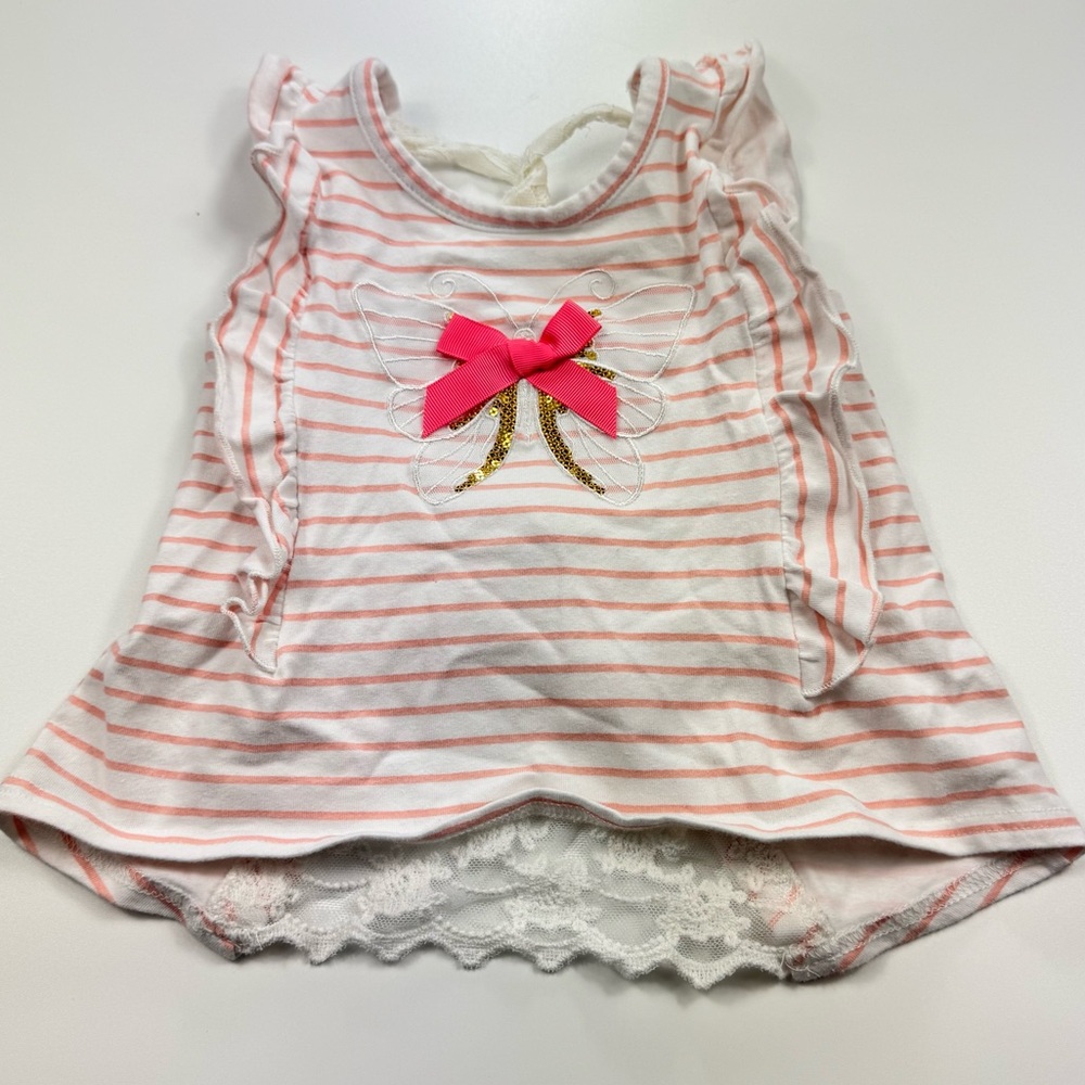 Gigil White and Pink Striped Bow Back Ruffle Trim Top Baby Girl's 12M